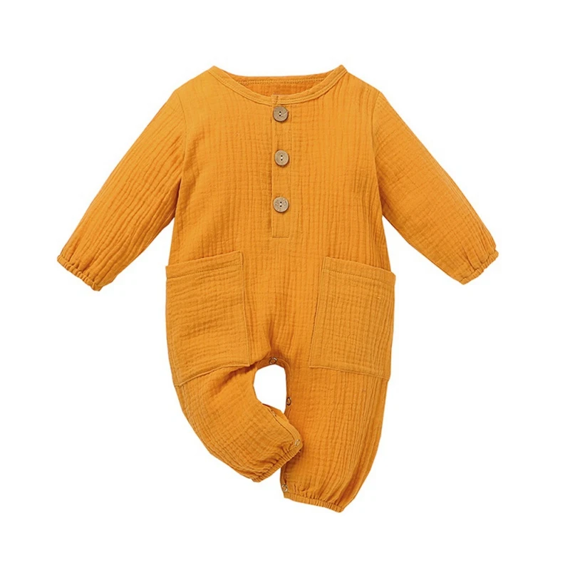 

New Autumn Infant Baby Cotton Linen Solid Color Romper With Pockets One-piece Long-sleeved Bodysuit New