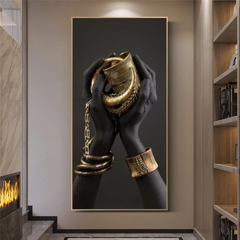 

Black Hand With Golden Jewelry Canvas Paintings On The Wall Posters And Prints African Art Modern Pictures Home Wall Decoration