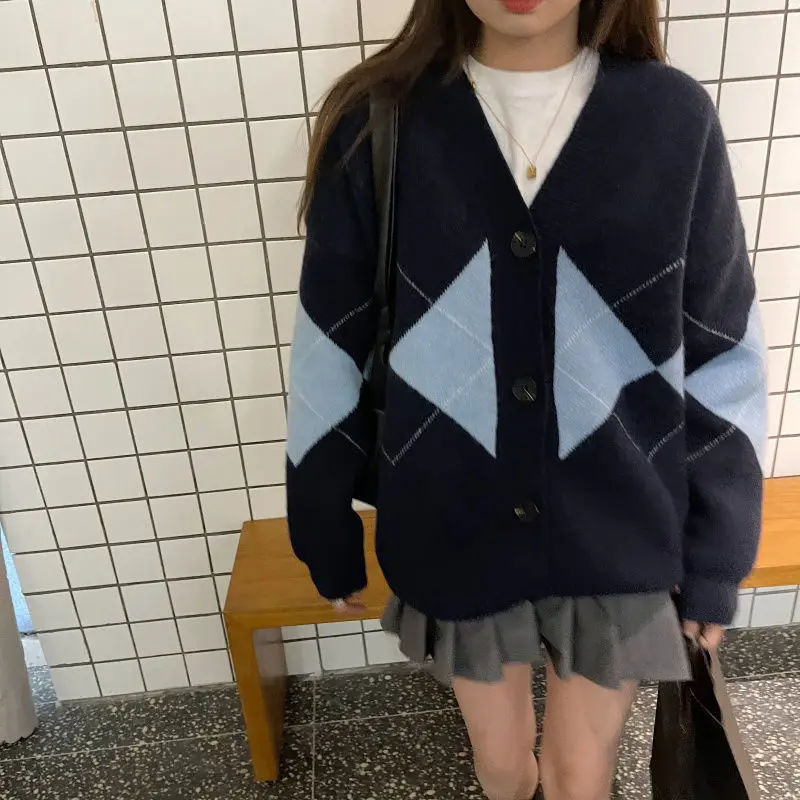 

Vintage Argyle Cardigan Women Knitted Sweater Loose Single Breasted V Neck Knitwear Preppy Style Fall Winter 2021 Ladies Tops