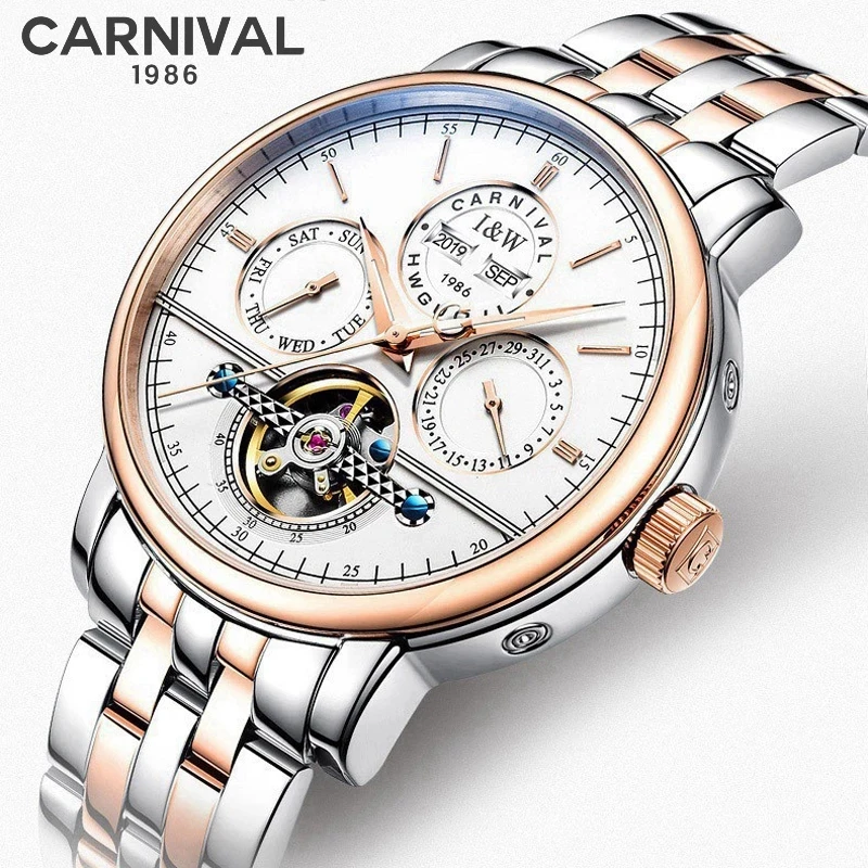 

Carnival Brand Fashion Tourbillon Watch For Men Luxury Mechanical Watches Waterproof Sapphire Year Month Week Date Display Reloj