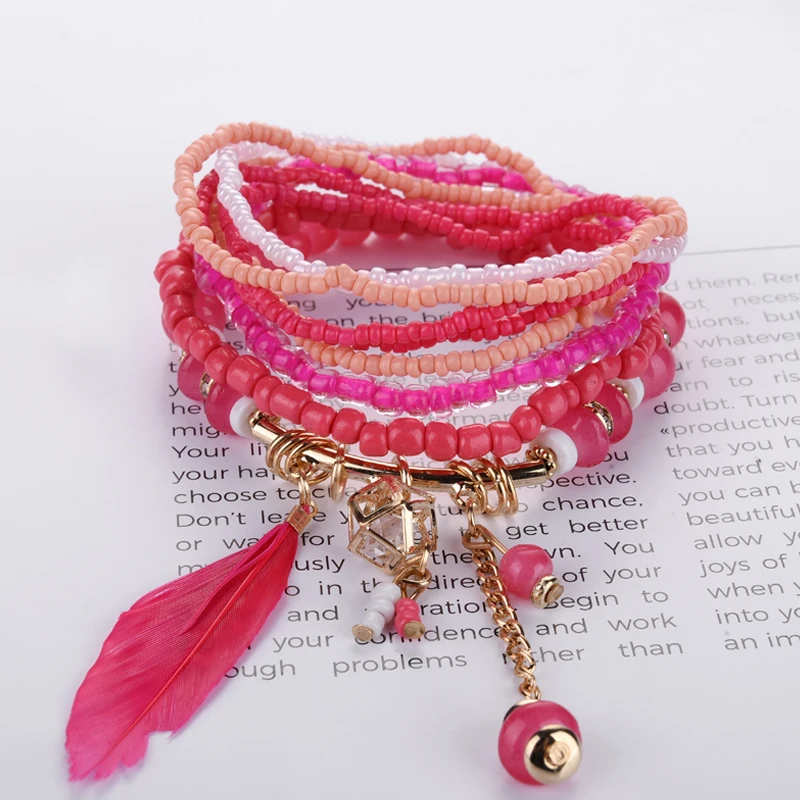 2019 unique Fashion Feather friendship Bracelets &amp Bangles For Women Jewelry Christmas Gift Crystal Beads Boho Bracelet Femme | Украшения