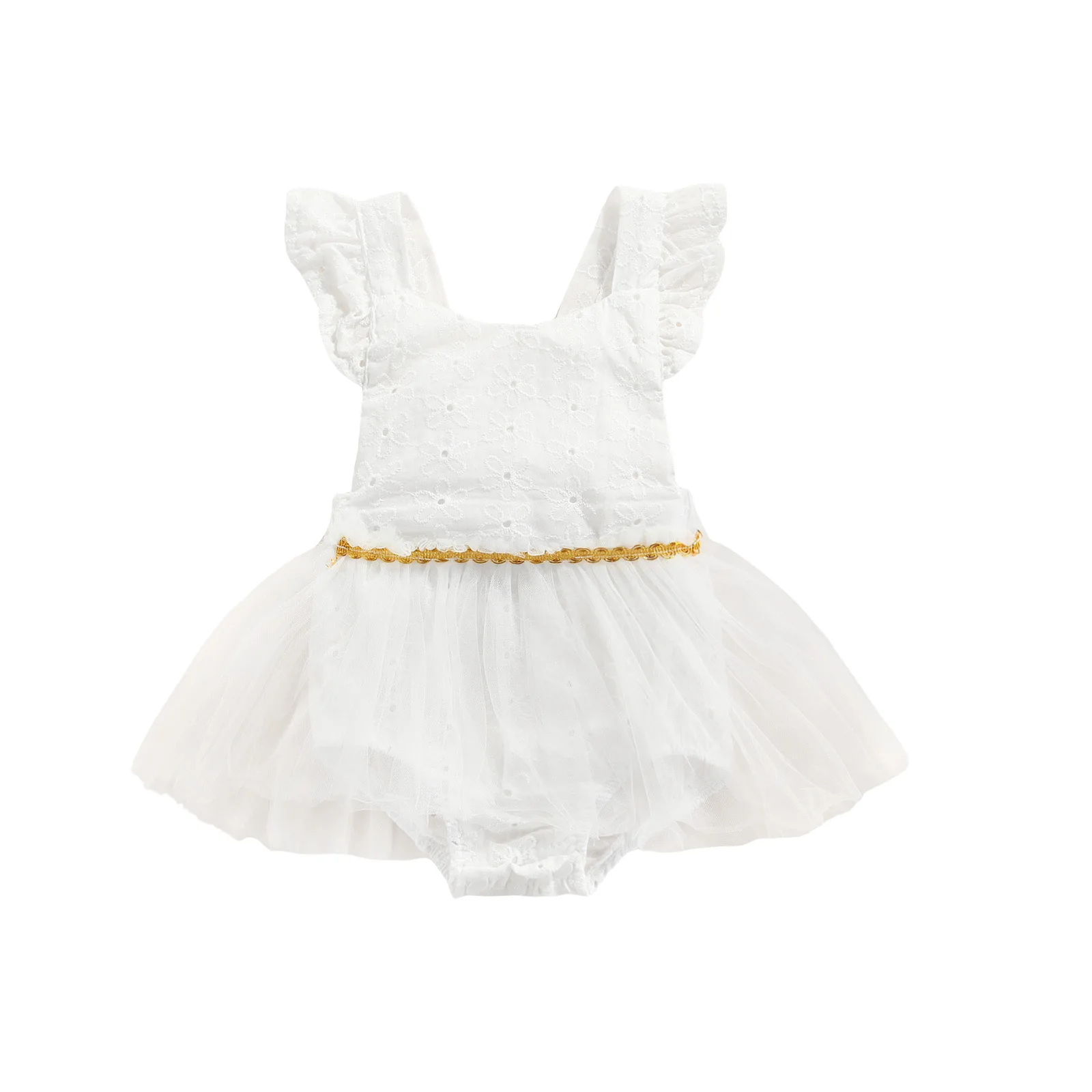 

OPPERIAYA Toddler Baby Girls Backless Summer Cotton Ruffle Jumpsuit Lace Bow White Sleeveless Square Collar Bodysuit