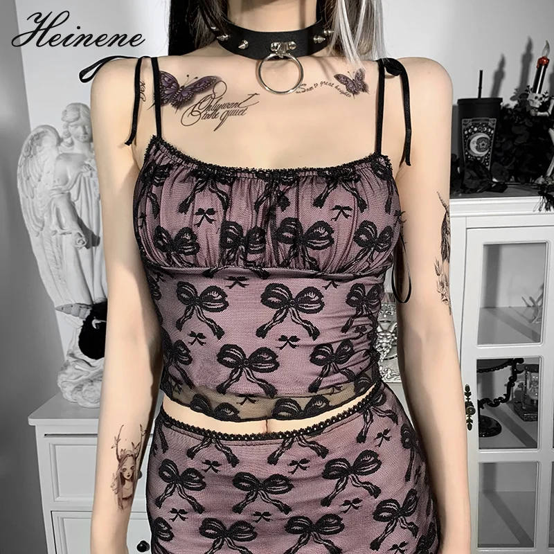 

Heinene Gothic Womens Camis Lace Sexy Skinny Spaghetti Strap Streetwear Strap Crop Black Tops Slim Backless Women Clothes