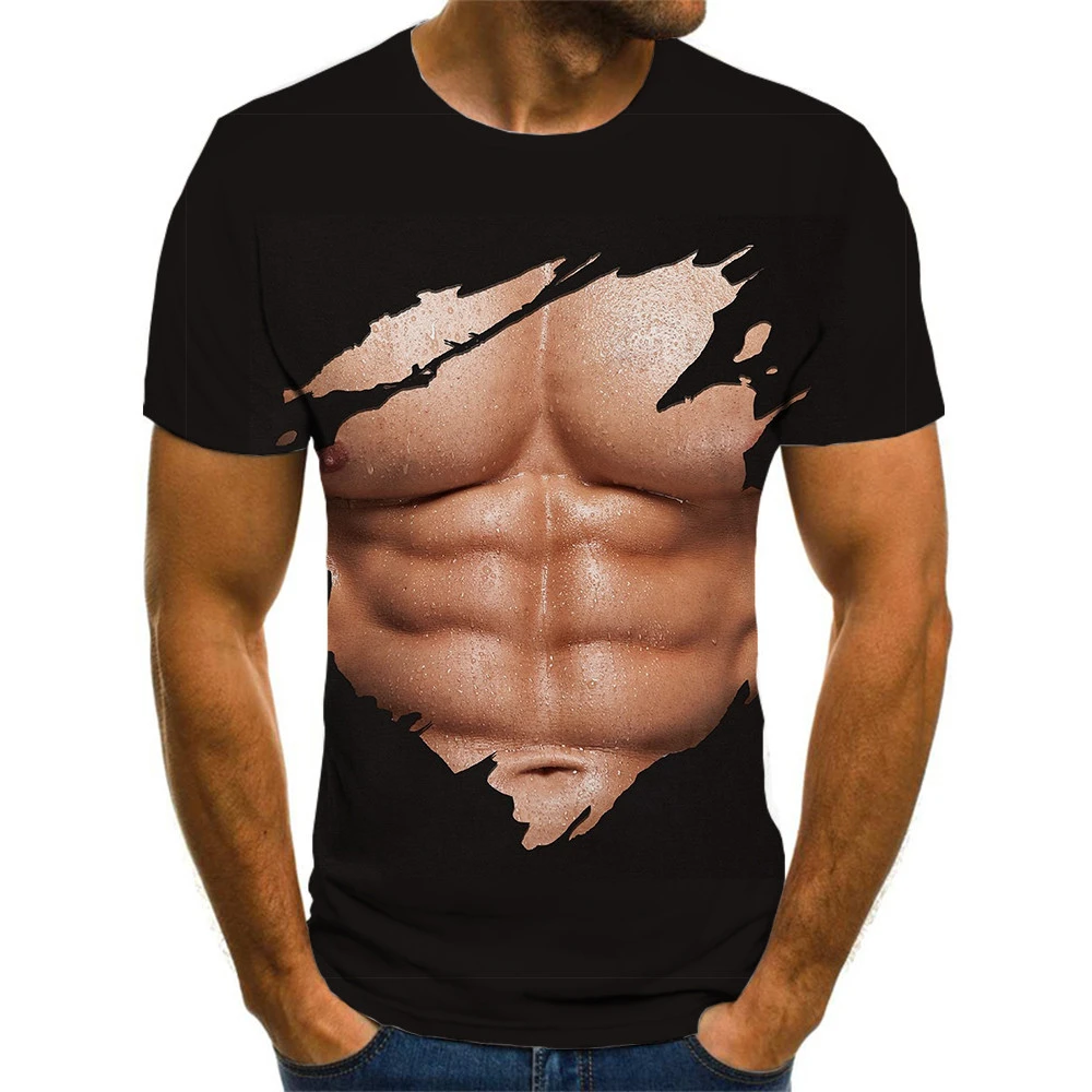 

Men Abdominal Muscles Funny T shirts Black Short Sleeve T-shirts 3D Punk Rock Fashion Tops