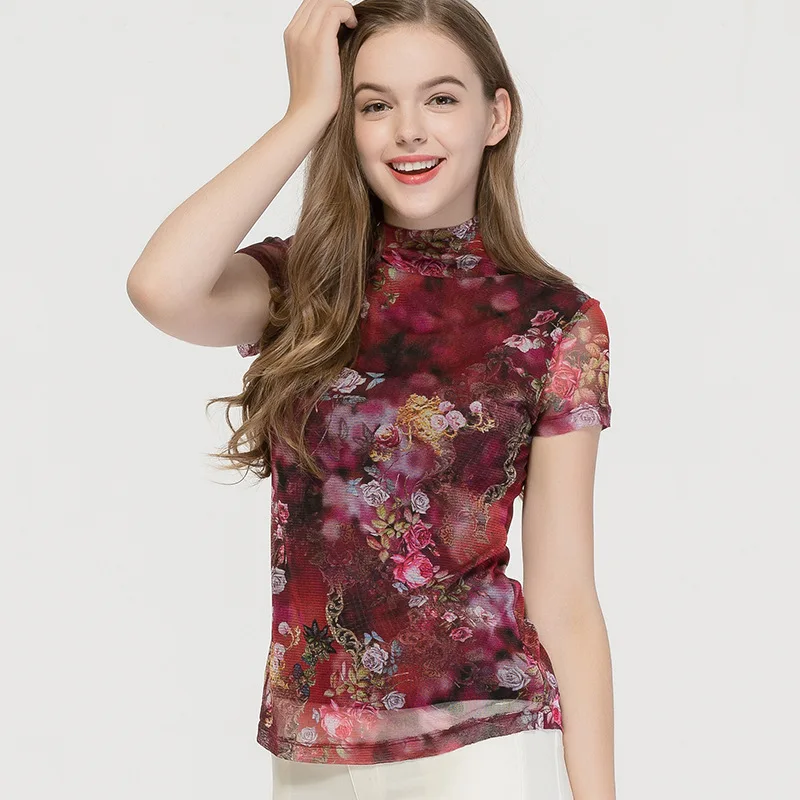 Женская Двухслойная футболка из 100% шелка с коротким рукавом полувысоким