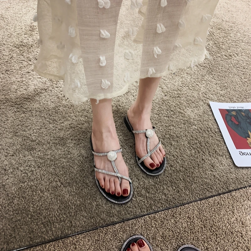 

MIYEDA Women Summer Flip Flops Bling Casual Square Low Heels Female Slippers Bordered Crystal Outdoor Handmade Lady Slides