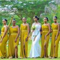 2021 one sleeve streamer bridesmaid dresses mermaid slit belt african women long wedding party dress vestido de fiesta de boda