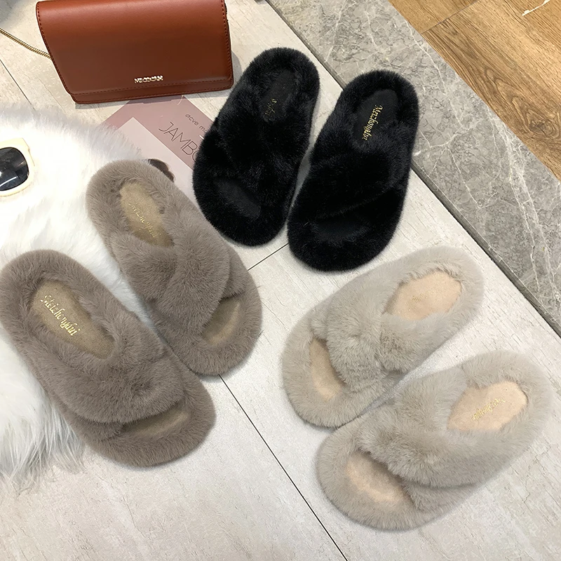 Поперечная полоса криперы зимние меховые шлепанцы утепленные плюшевые норковые