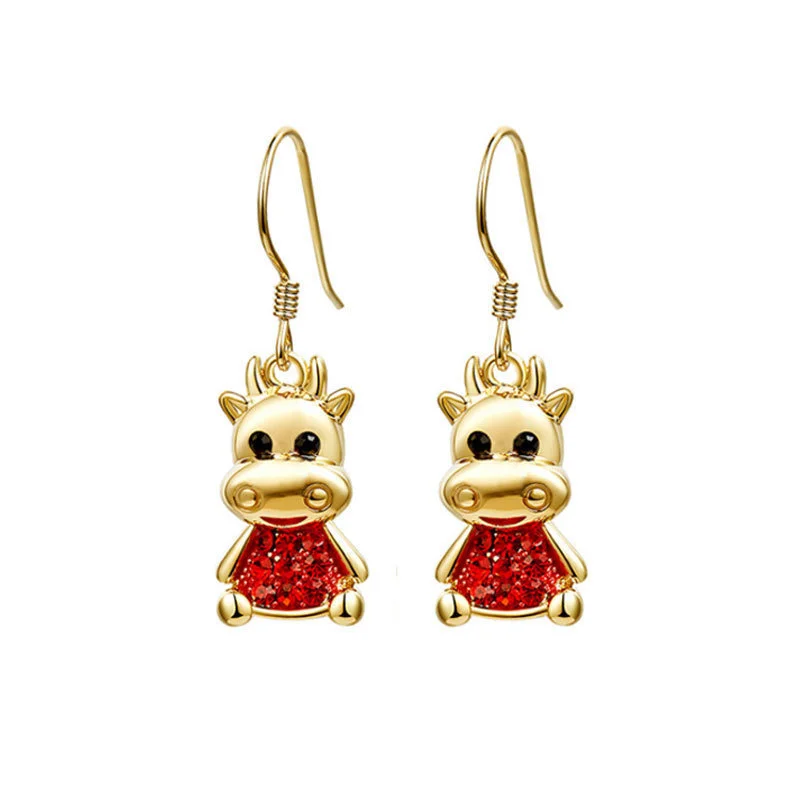 

Lovely Cute Red Diamond Cow Drop Earrings For Women Party Gift Jewelry Cow Earrings Ear Stud Chinese Year Of OX