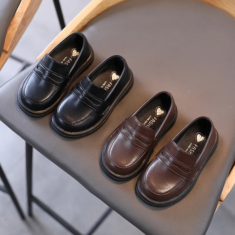 Zapatos brit&aacute;nicos de cuero para ni&ntilde;as y ni&ntilde;os, calzado sencillo de moda, color negro s&oacute;lido, informales, para la escuela, primavera y oto&ntilde;o, 2022-0