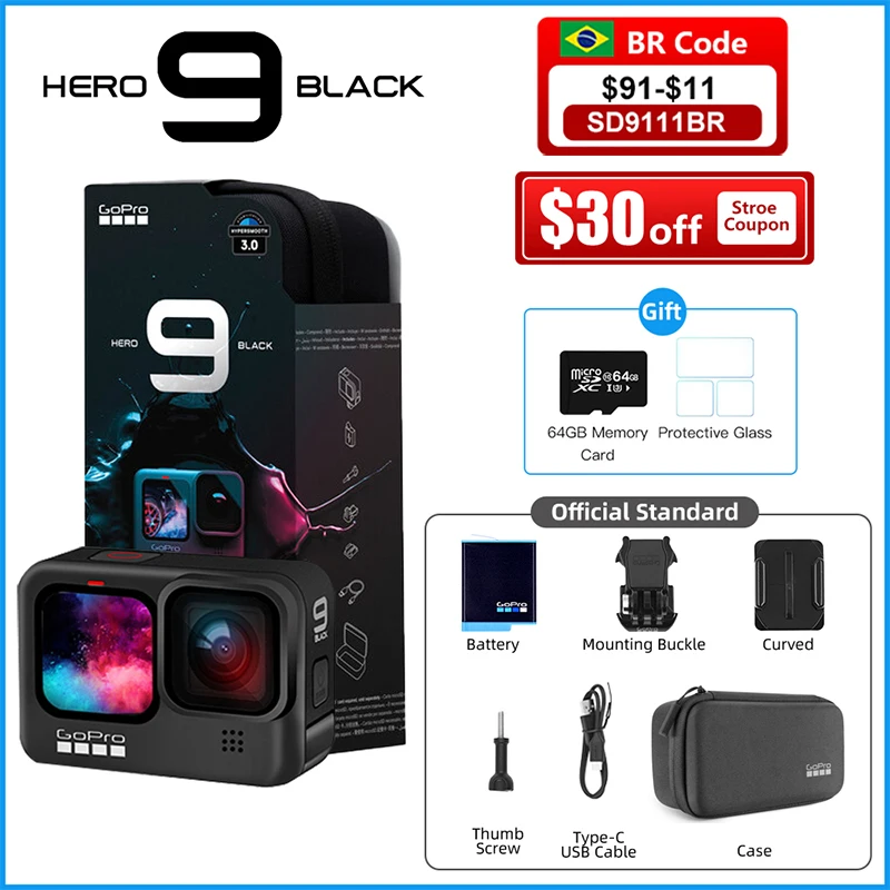 

GoPro HERO 9 черная подводная Экшн-камера 4K 5K с цветным передним экраном, Спортивная камера 20 Мп фотографии, прямая трансляция Go Pro HERO 9