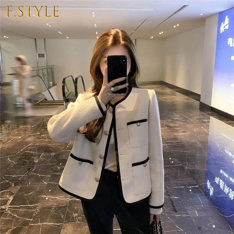 

Jacket Coat Women Outerwear Female White Autumn Tweed Round Neck Casual Coats Channel Style Za Suit Cropped Stripeed Kawaii