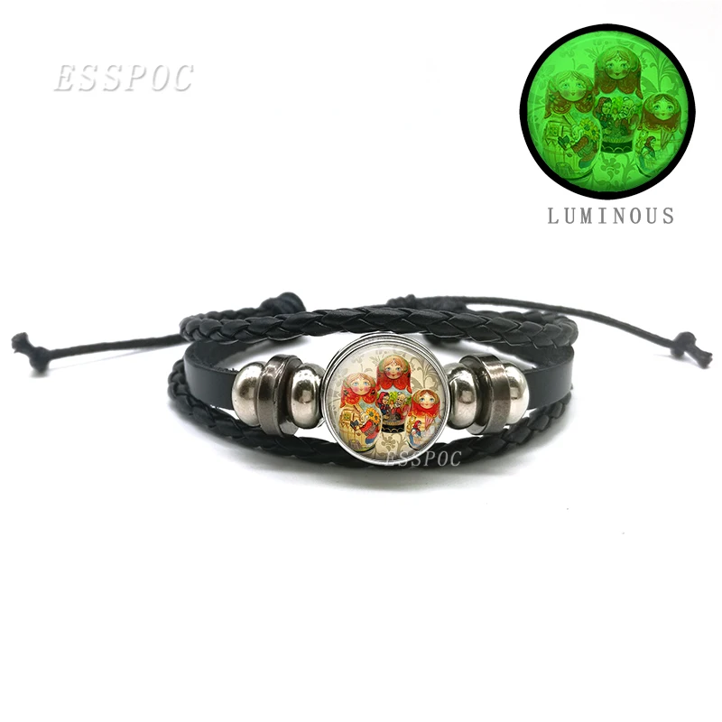 Винтажный светящийся в темноте русская кукла черный кожаный браслет стеклянный