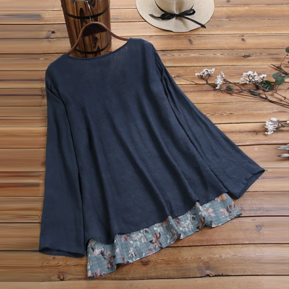 

Fashion Casual Women Loose Cotton Linen Tops Long Sleeve Shirt Fake Two-Piece Patchwork Spring Pullover Tops M-5XL Plus Size