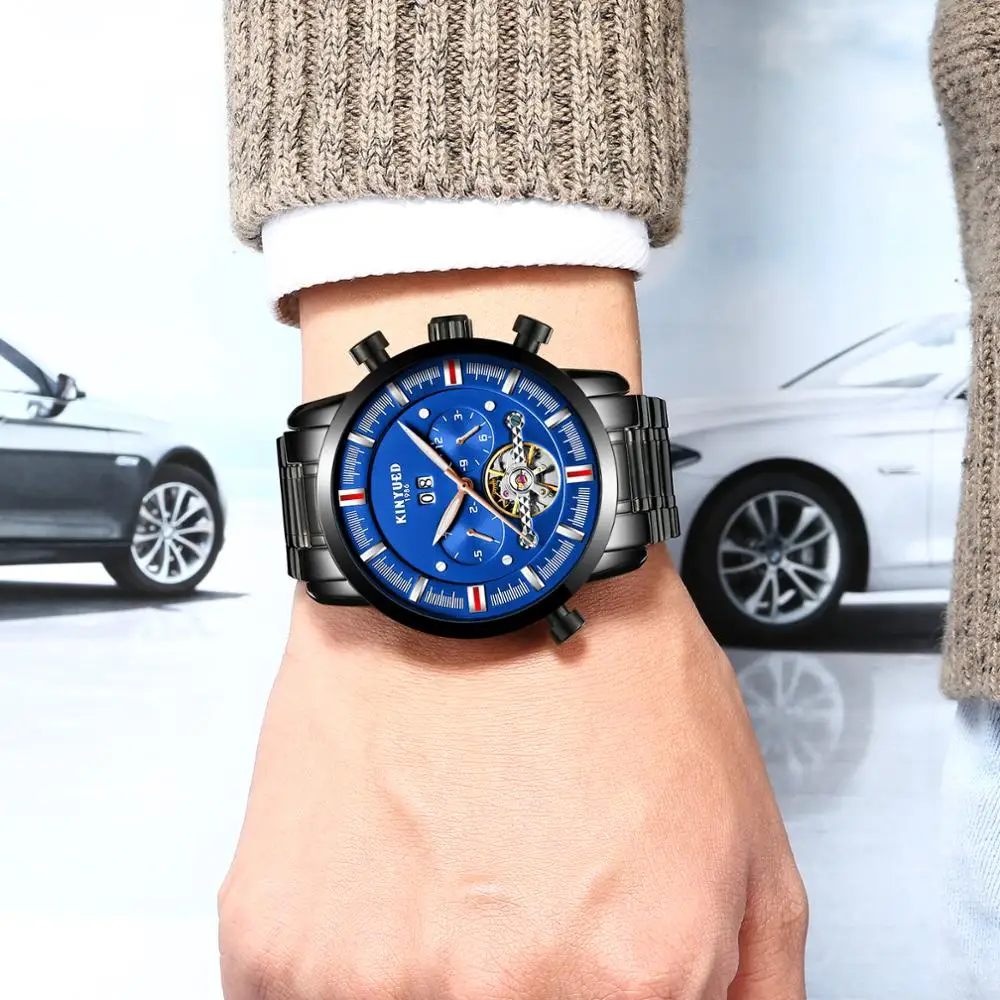 KINYUED мужские часы Tourbillon механические наручные роскошные нержавеющая сталь 30 м
