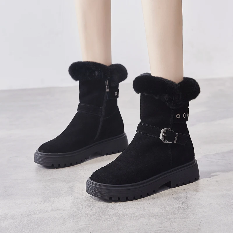 Tide Snow Boots Women's Winter Shoes Warm Soft Thicken Plush Ankle with Buckle Non-slip Sole Side Zipper Black Khaki | Обувь