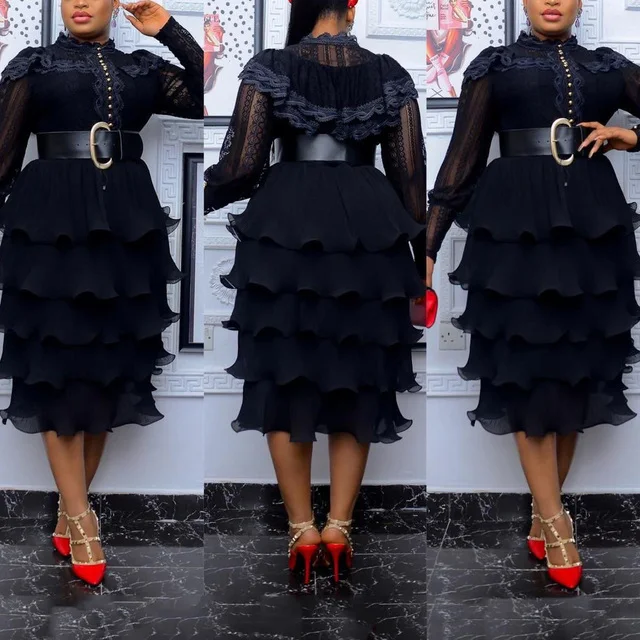 

Black Sexy Bodycon Dress For Women Lace Full Sleeve Ruffles Mid Calf Fashion Elegant Female Evening Night Party