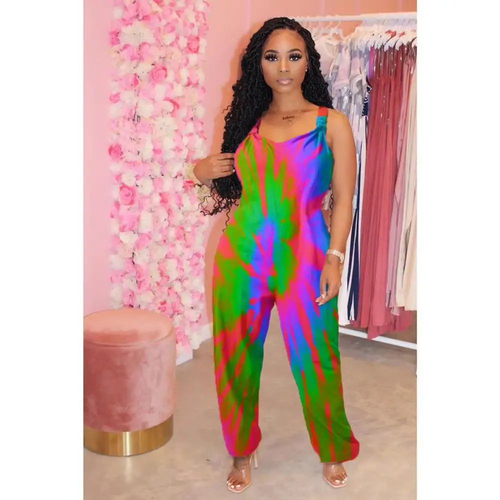 

colorful art print loose long jumpsuit 2020 summer beach style fashion lady bohemian romper overalls