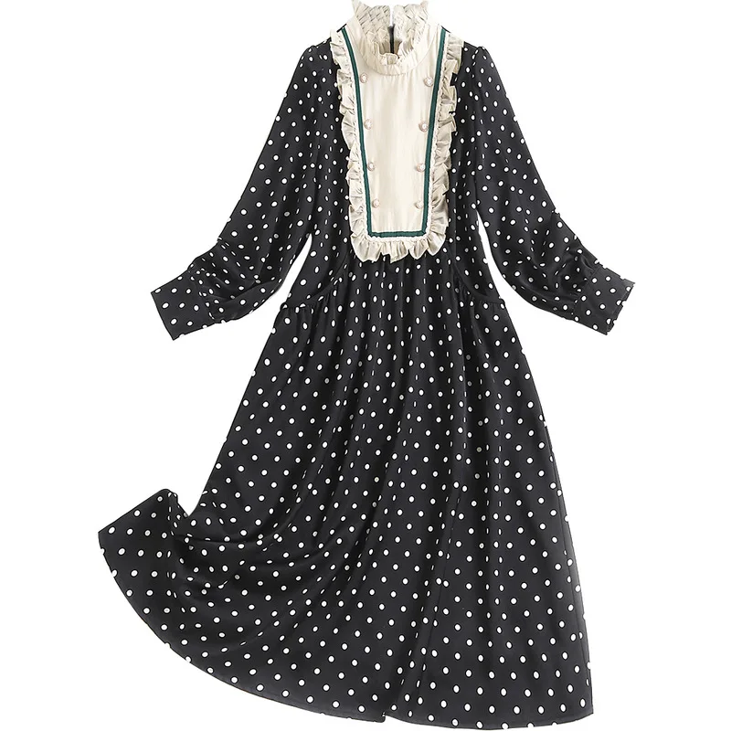 

Shuchan Vintage Dot Appliques Woman Dress 2021 Spring Summer Long Sleeve Knee Length Dresses Medieval black