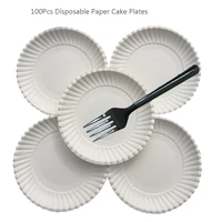100pcs disposable paper plate with forks cake cake partition round cup sugar cane dessert plates birthday party decorating tools