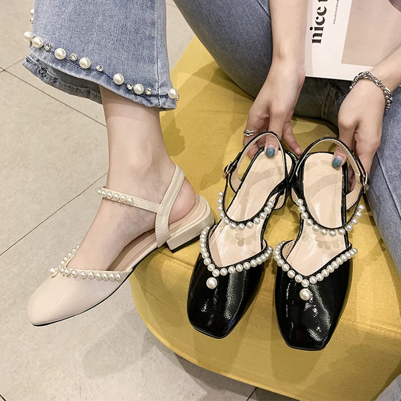 

Sandals Straps Shallow Mouth 2021 Women's Block Heels Mary Jane Suit Female Beige Summer Shoes Square Toe All-Match New Chunky