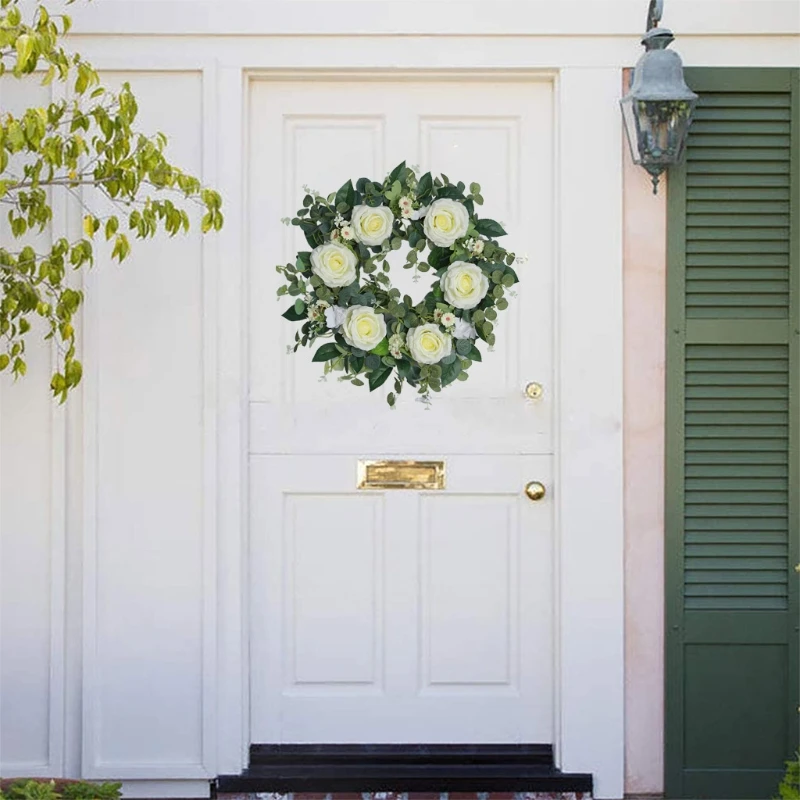 

22'' European White Rose Flower Wreath Artificial Floral Spring Garland for front Door Wall Wedding Party Home Decoration