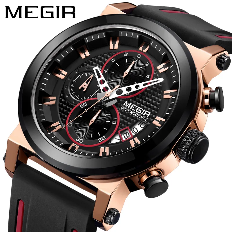 

MEGIR New Silicone Waterproof Sports Casual Multifunctional Chronograph Quartz Men's Calendar Watches Simple And Luxurious 2100G