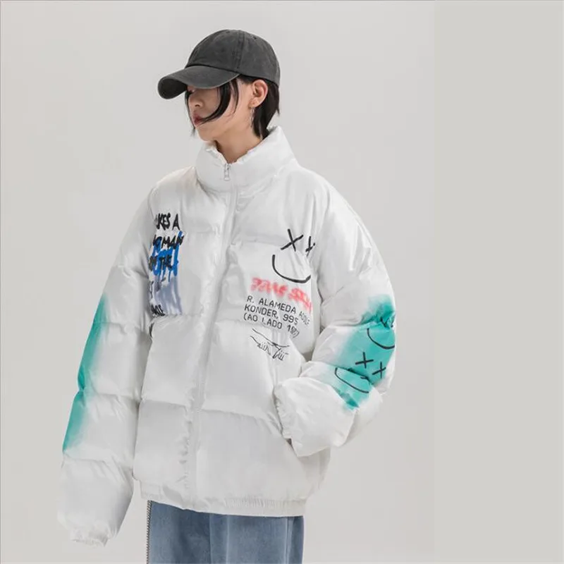 

2021 Hip Hop Thick Jacket Parka Happy Graffiti Print Men Windbreaker Streetwear Harajuku Winter Padded Jacket Coat Warm Outwear