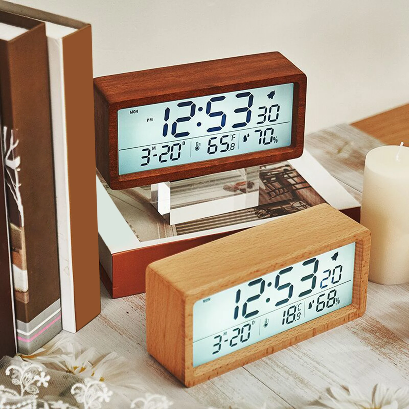 

Wood Battery Powered Alarm Clock Humidity Temperature Week Time Display Snooze Mode Bedroom Bedside Kids Room Clocks