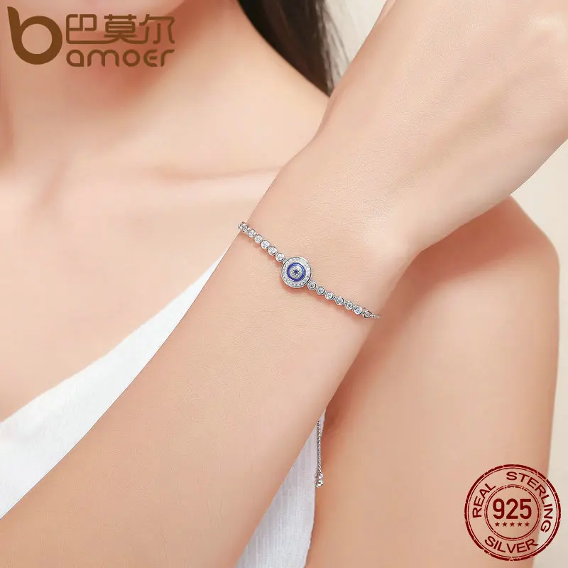 

BAMOER Authentic 925 Sterling Silver Blue Eye Tennis Bracelet for Women Adjustable Chain Bracelet Sterling Silver Jewelry SCB033