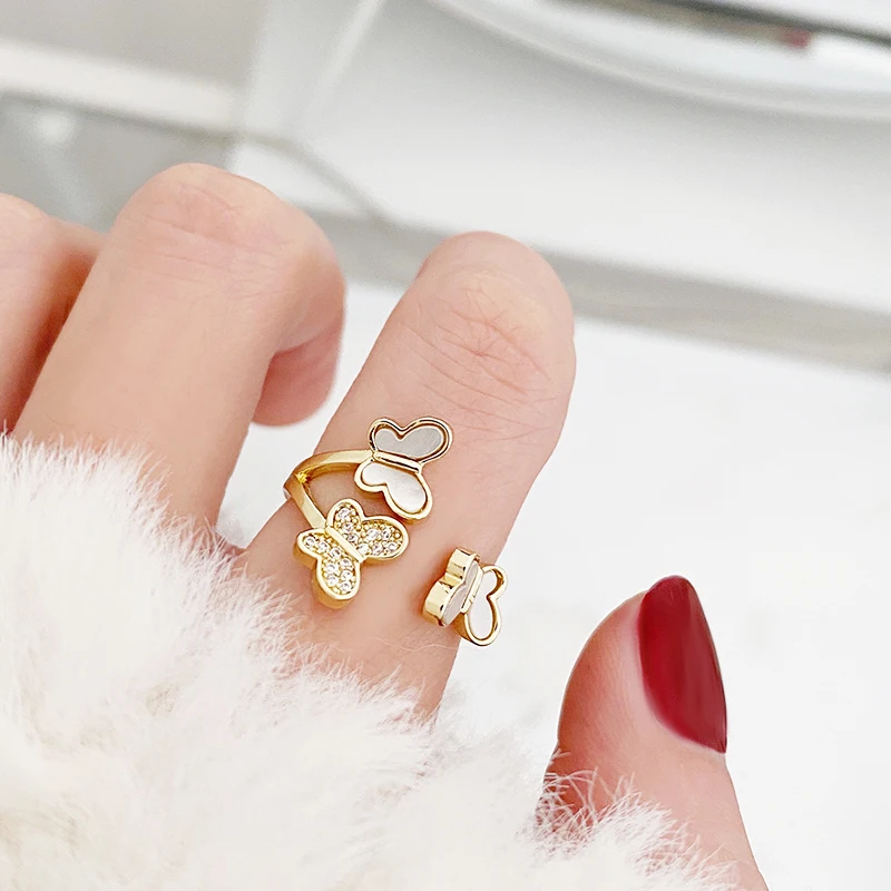 

Exquisite 14k Real Gold Butterfly Rings for Women Top Designer Jewelry Adjustable Open Micro Inlay Zirconia Girl's Favorite Gift
