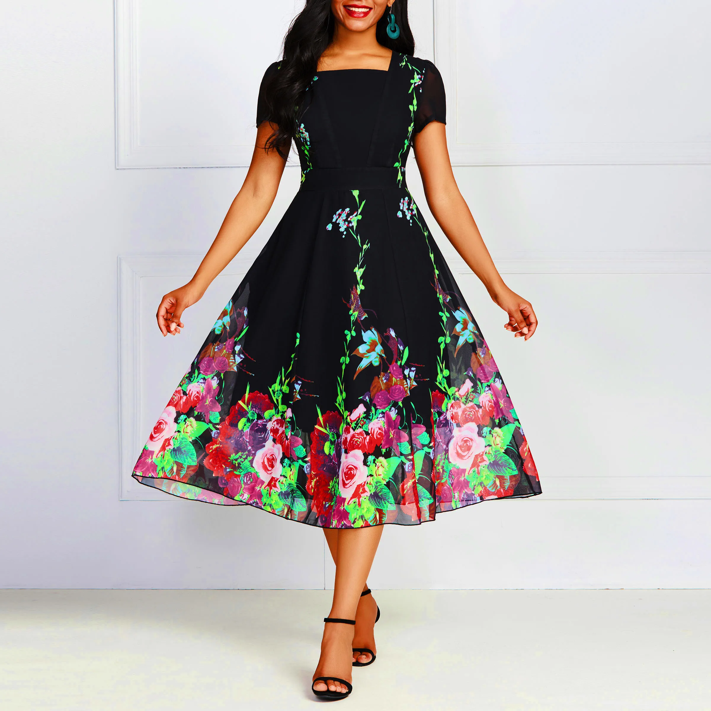 Черное шифоновое платье миди с цветочным принтом женское для выпускного вечера