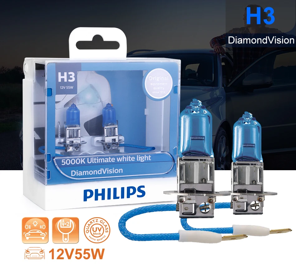 Philips h3 галогенный 55 Вт 12 В Diamond Vision 5000K Ultimate белый светильник Авто Лампа H3 головной светильник оригинальные аксессуары для автомобиля 2 шт