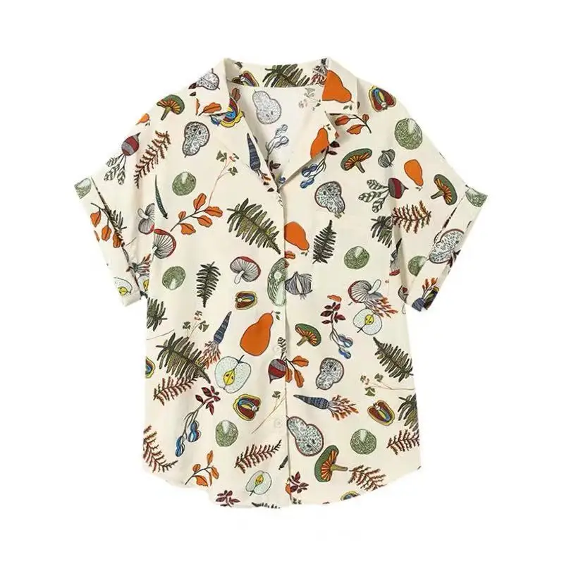 

2021 Summer New Hong Kong Style Retro Chiffon Blouse Women Printed Shirt Vintage Short-sleeved Shirt Single Breasted 14392