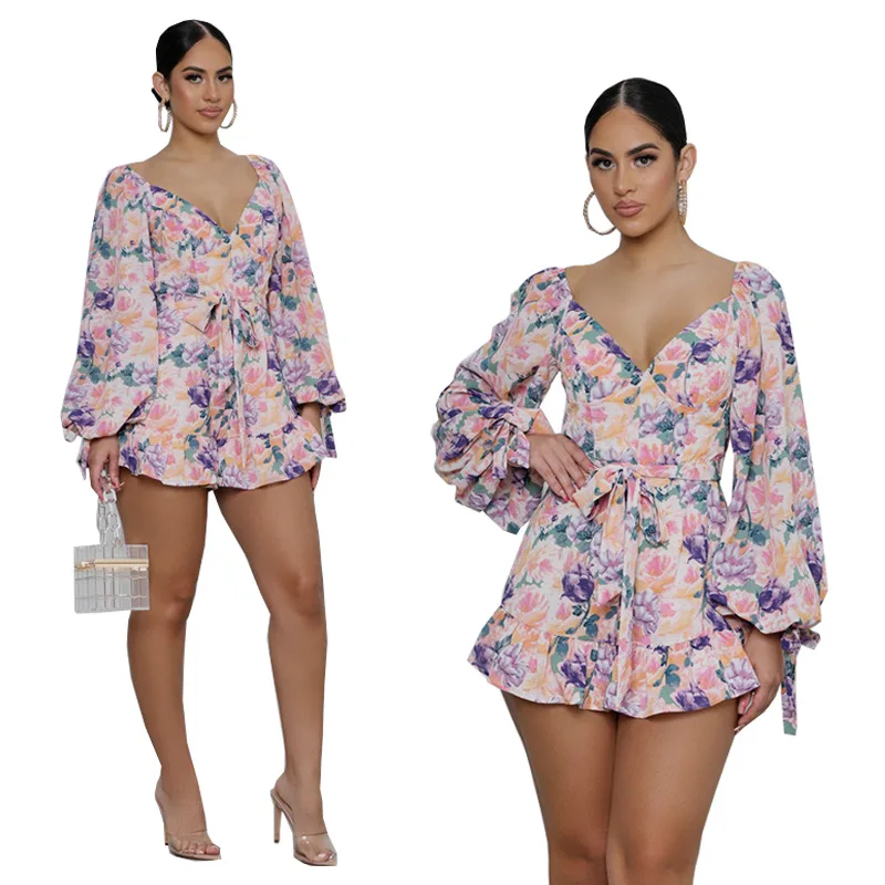 

Donsignet 2021 Autumn New Fashion Print V-Neck Long Sleeve Temperament Dresses for Women