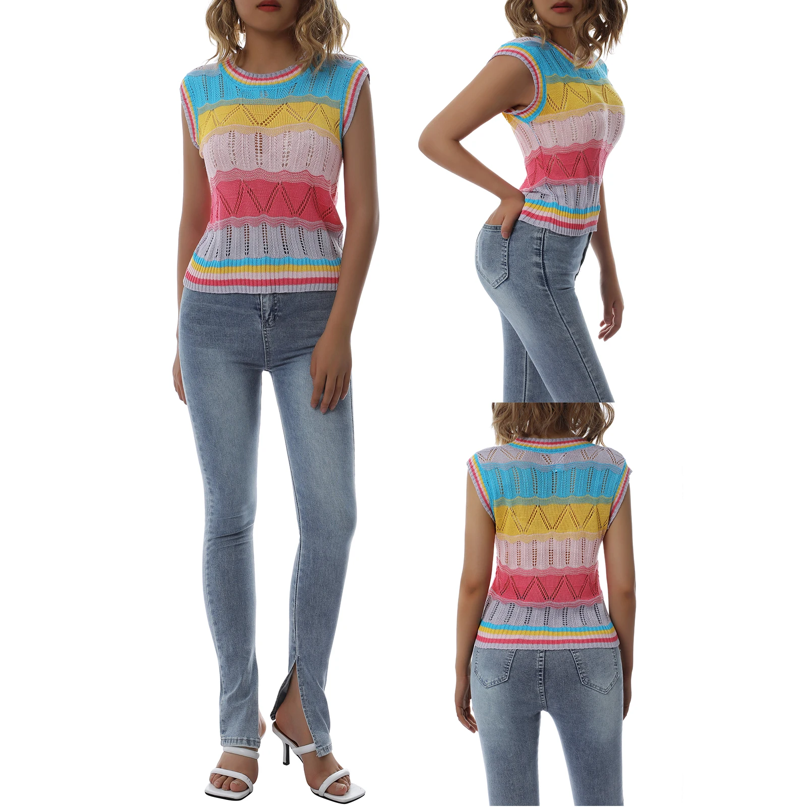 

Fashion and leisure Women's Crochet knitted vest, fashion Bohemian sleeveless round neck striped color jacket