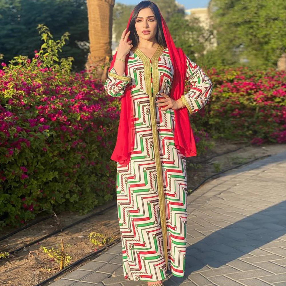 

Indie Folk Women Jalabiya Dress Loose Full Sleeve Braid Trim Printed Abaya Dubai Arab Ethnic Morocco Caftan Party Eid Ramadan