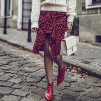 women summer red casual high waist midi skirts 2021 leopard long skirt female office ruffle animal print skirts streetwear pop