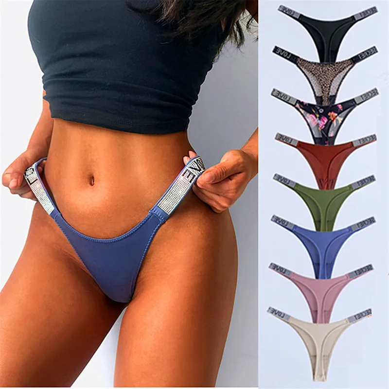 

Fashion Luxury Letter Rhinestone Panties Thong Sexy Low Waist Satin Underwear Fitness Panty Seamless Briefs G String Lingerie