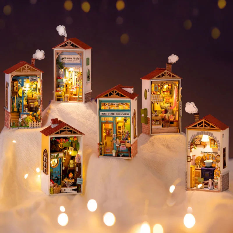 

6 Sets DIY Wooden Dollhouse Kit Tiny Town Miniature With Furniture Flower Shop Casa Doll House Assembled Toys Girls Xmas Gifts