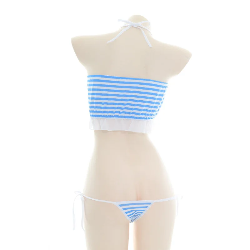 

Anime Style Women Blue White Stripe Sweet Heart Hollow Out Cotton Shirt Top Strap Tie Underwear Lolita Girls Lingerie Set