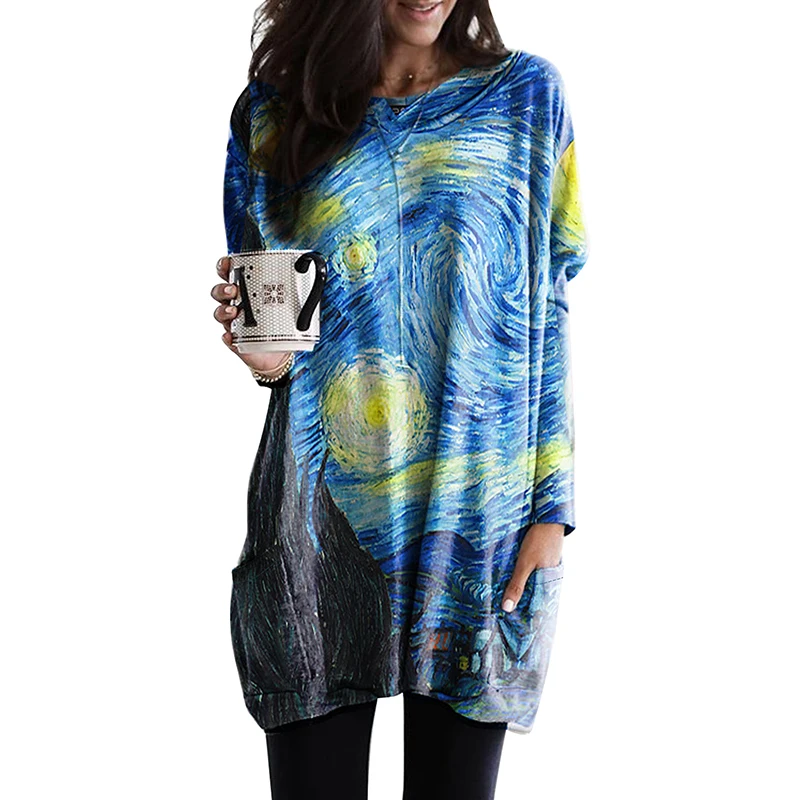 

2021 Harajuku Sunflower Printing Long Sleeve Tunic Top With Two Side Pockets Plus Size Mujer Camisetas Woman Tshirts Clothes 2XL