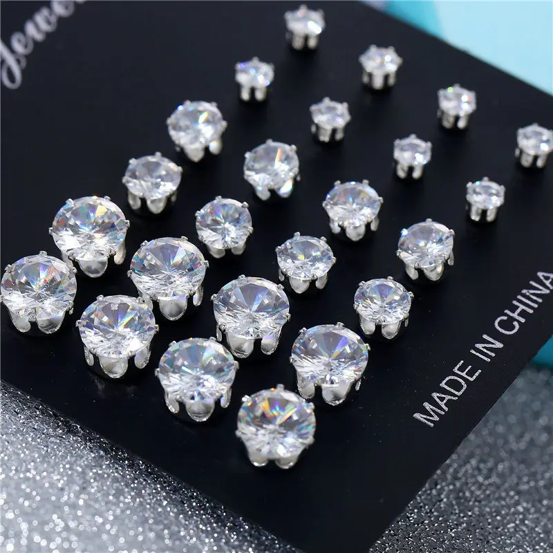 

12 Pairs/set Cubic Zirconia Stud Earring Sets Women's Round Ball Metal Crystal Earrings For Women Earring Kit Wedding Jewelry