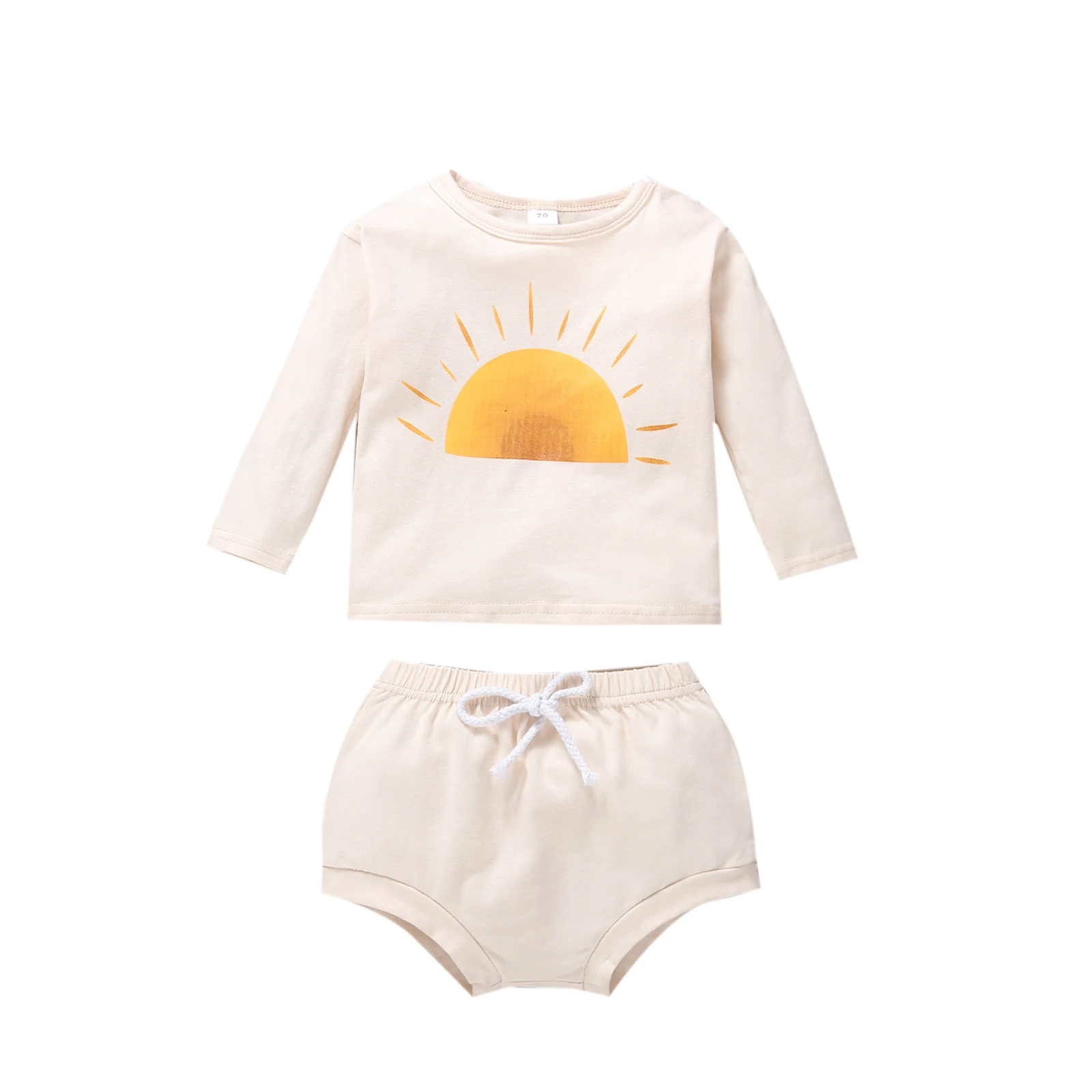 

Newborn Baby Girl Clothes 2Pcs Sun Print Long Sleeve Round Neck Pullover T-Shirt Solid Shorts Casual Cotton Clothings Set 0-24M