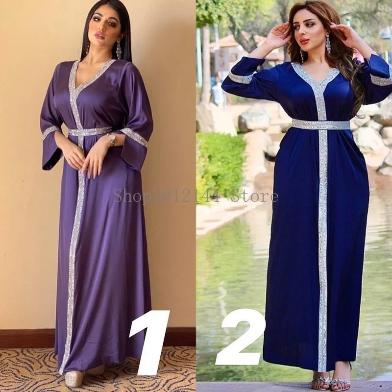 

Maxi Dress For Women Turkey Arabic Ethnic Diamond V Neck Long Sleeve Loose Muslim Islamic Indie Clothes Robe 2021 New