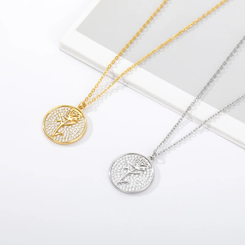 

Rose Flower Necklace Full Of Zircon Round Coin Necklace Christmas Gift To Mama Gold Silver Color Stainess Steel Jewelry Pendant