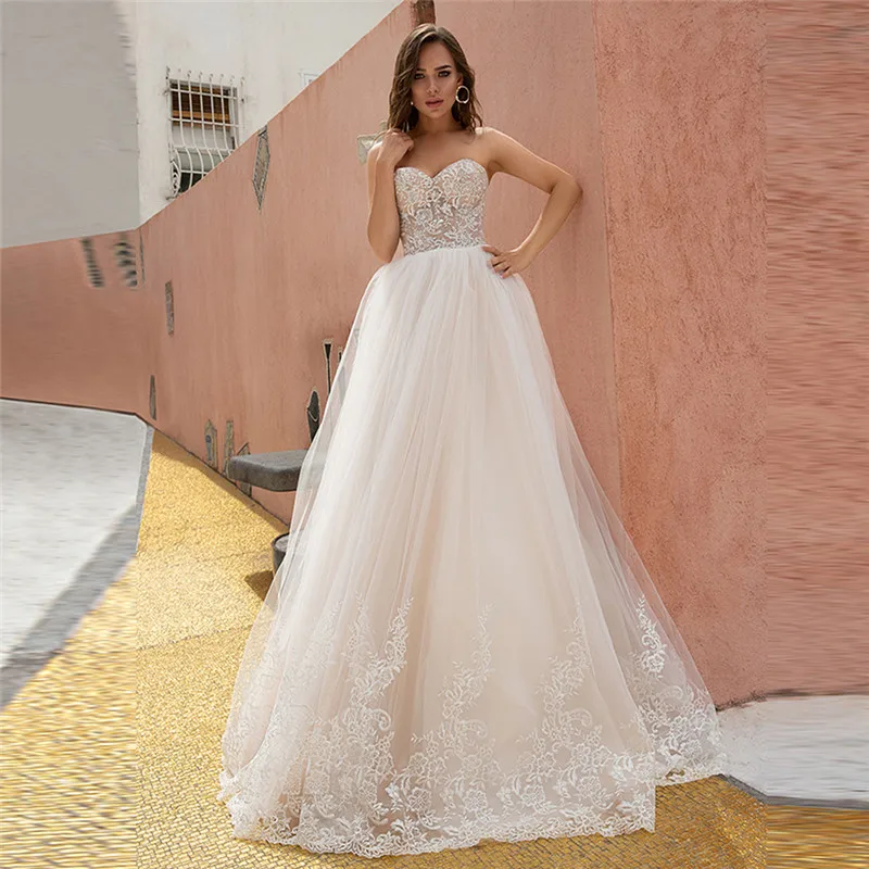 Милое кружевное свадебное платье с аппликацией корсет со шнуровкой сзади 2021