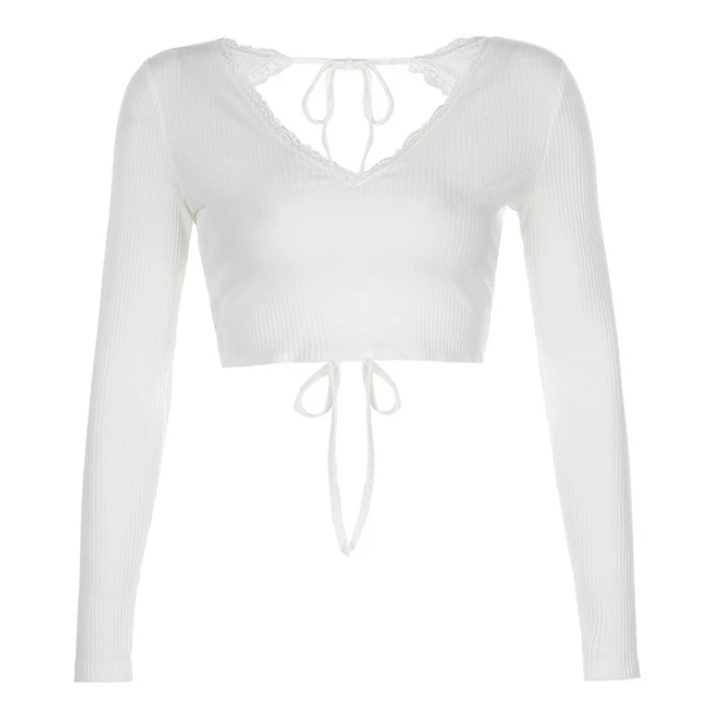 Женская сексуальная облегающая кружевная футболка с открытой спиной длинным