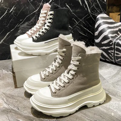 

Genuine Leather Winter Sheepskin High-top Shoes Warm Thick-soled Increased Short Snow Boots Round Toe Women Med Boots