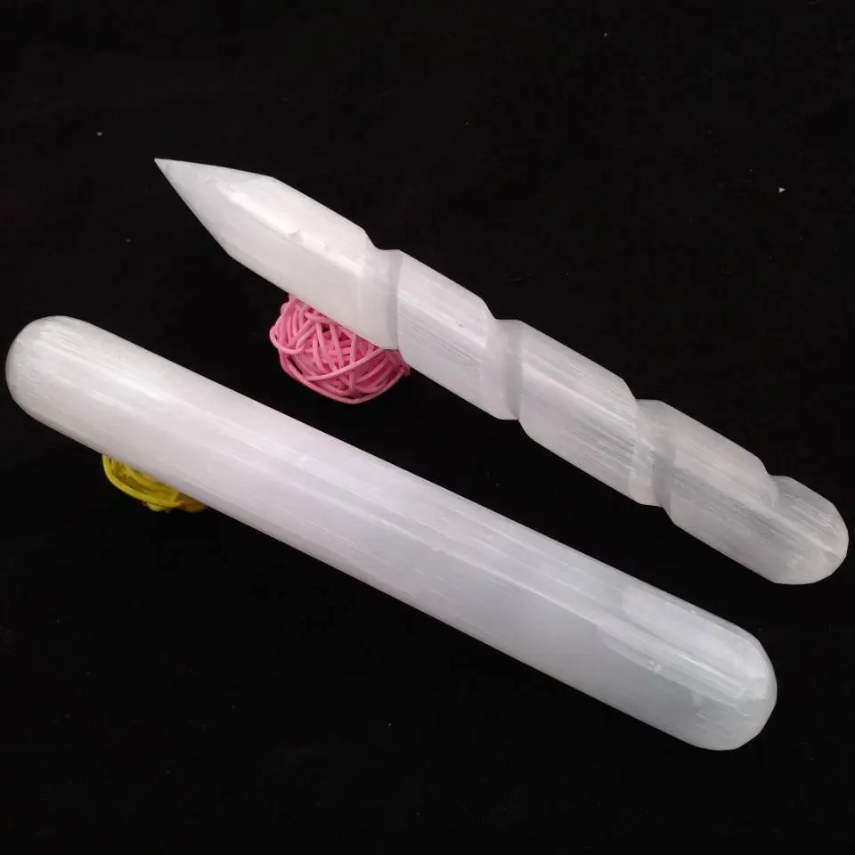

Selenite Crystal Massage Wand " Spiral Polished Round & Point Tip CHARGE CLEANSE 2pcs